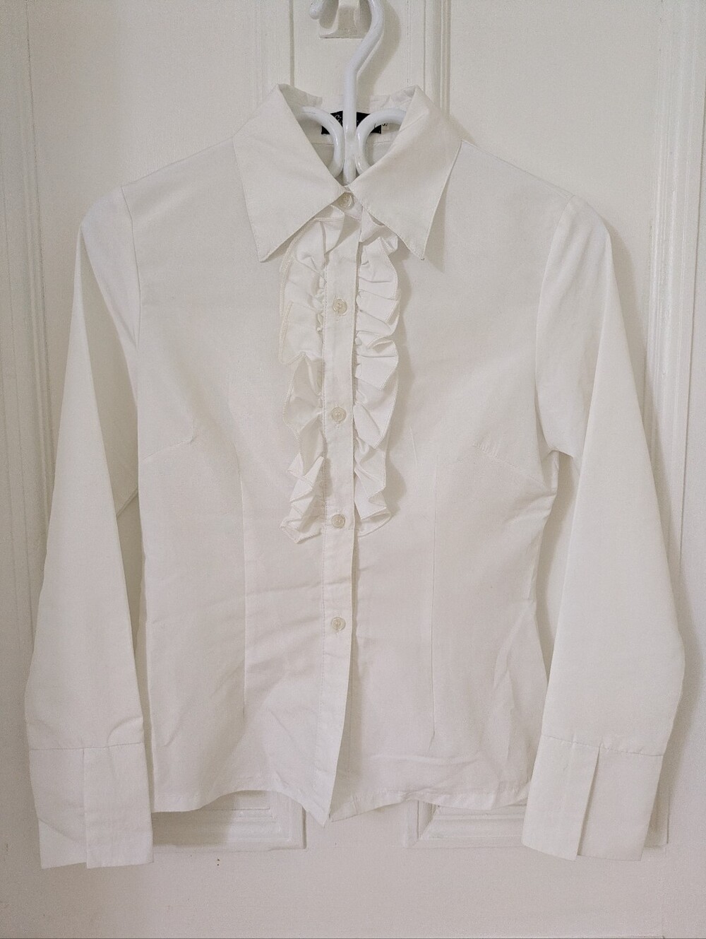 Classic White Ruffle Front Button-Down Shirt